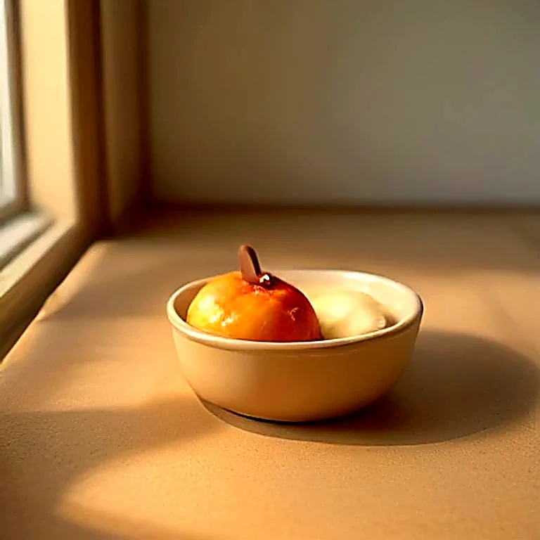 A warm baked fruit dessert in a small ceramic dish with a scoop of ice cream melting on top.