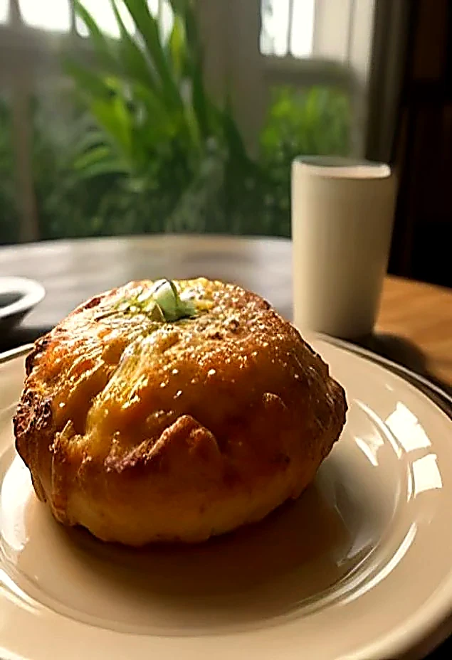 A warm golden baked item on a plain cream plate beside a window.