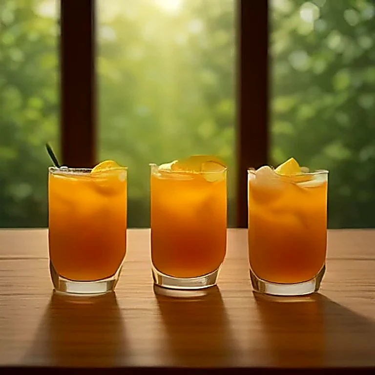 Three tall glasses of iced tea with lemon on a wooden table in bright sunlight.